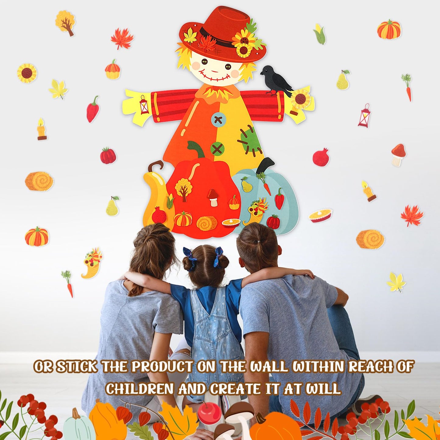 Thinkday 37 Pieces Thanksgiving Craft Kit Felt Scarecrow Craft, Fall DIY Scarecrow Pumpkin Felt Set, 36 Detachable Fall Maple Le