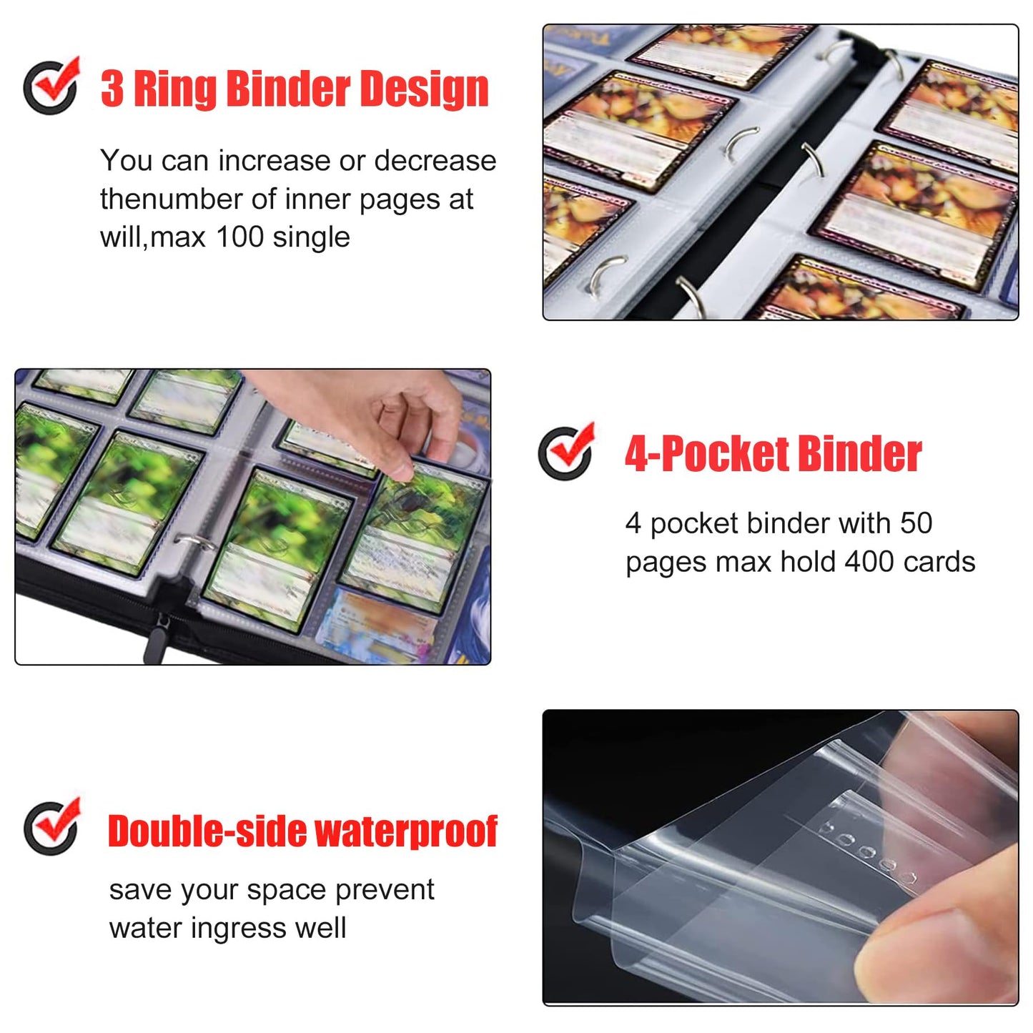 400 Pockets Trading Card Binder For Mtg/Ygo/Tcg Cards,Portable Waterproof Card Storage Bag With Removable Sleeves, Card Book For
