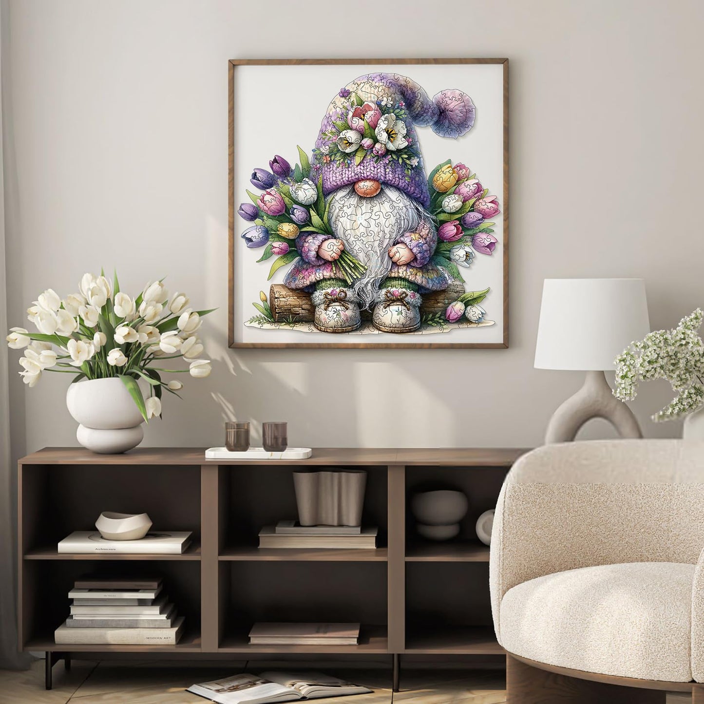 Gnome Wooden Puzzles for mature-themeds  200pcs Wooden Jigsaw Puzzles for mature-themeds  Gnome Flowers Unique Shaped Jigsaw Puzzles Creative Gift for Friend Family Game Medium Size 10.6'' x 9.8''