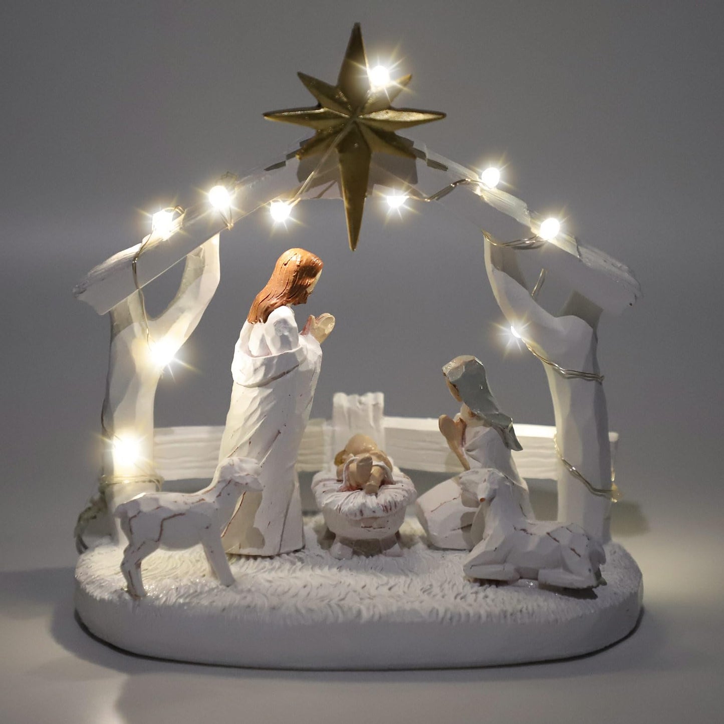 Hotme Nativity Scene With Lights, Sculpted Hand Painted Nativity Figurine, Holy Family Manger Scene Nativity Sets For Christmas