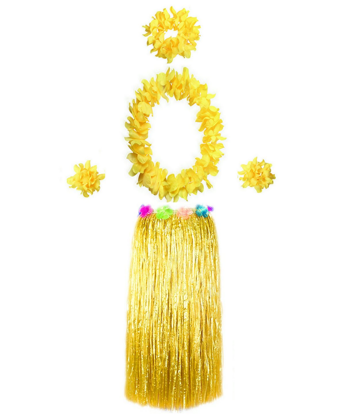 Bajotal Hawaiian Luau Hula Grass Skirt With Large Flower Costume Set For Dance Party Decorations Favors (32'' - Yellow)