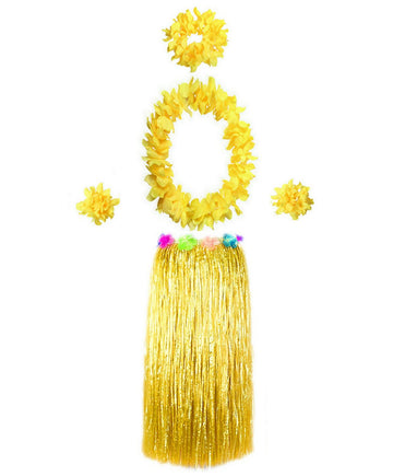 Bajotal Hawaiian Luau Hula Grass Skirt With Large Flower Costume Set For Dance Party Decorations Favors (32'' - Yellow)