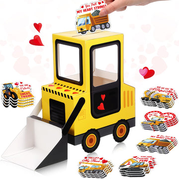 Pasimy DIY Valentines Day Mailbox with 33 Construction Vehicle Cards Valentines Day Crafts for Kids Bulldozer Mailbox Classroom 