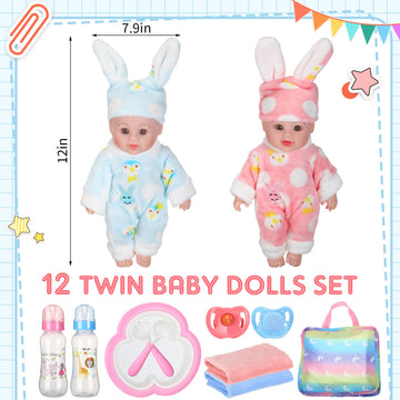 10 Pcs Realistic Twin Baby Dolls Christmas Toy Set Include 2 Pcs 12 Inch Baby Dolls, Feeding Set, Pacifiers, Doll Diapers, Bags, Milk Bottles Removable Outfit For Toddler Kids 6+ Gift(White)