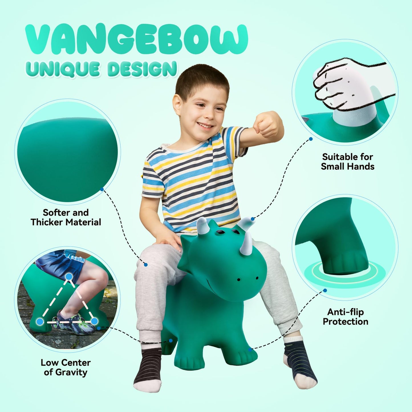 VangeBow Dinosaur Bouncy Animal - Green Triceratops Hopper Toy for Toddlers 3+, PVC, Indoor/Outdoor, First Birthday Gift