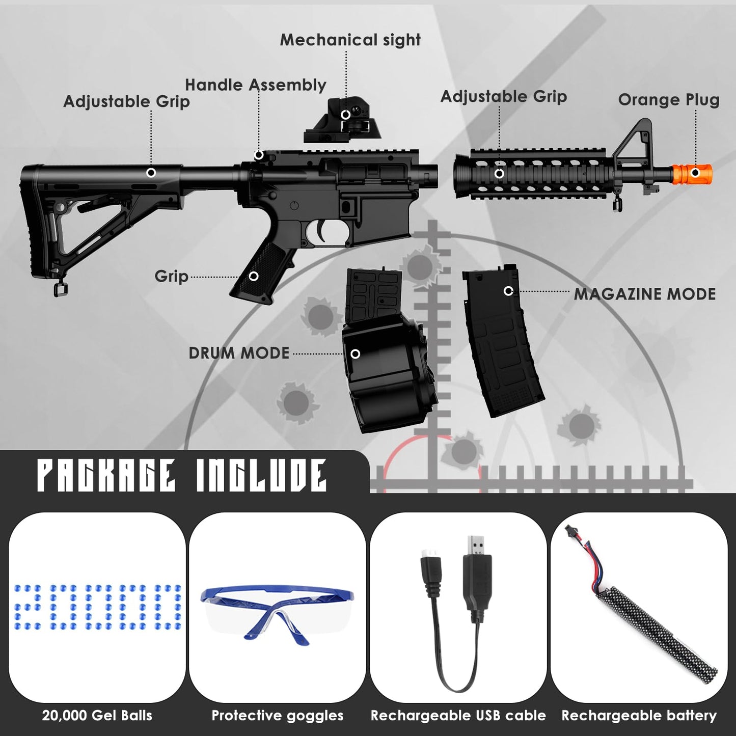 Electric Gel Toys New M4A1,Semi & Full Automatic Mode Splat-Blaster with FPS 280 and 100 Feet for Outdoor Team Game,Ages 14+,Bla
