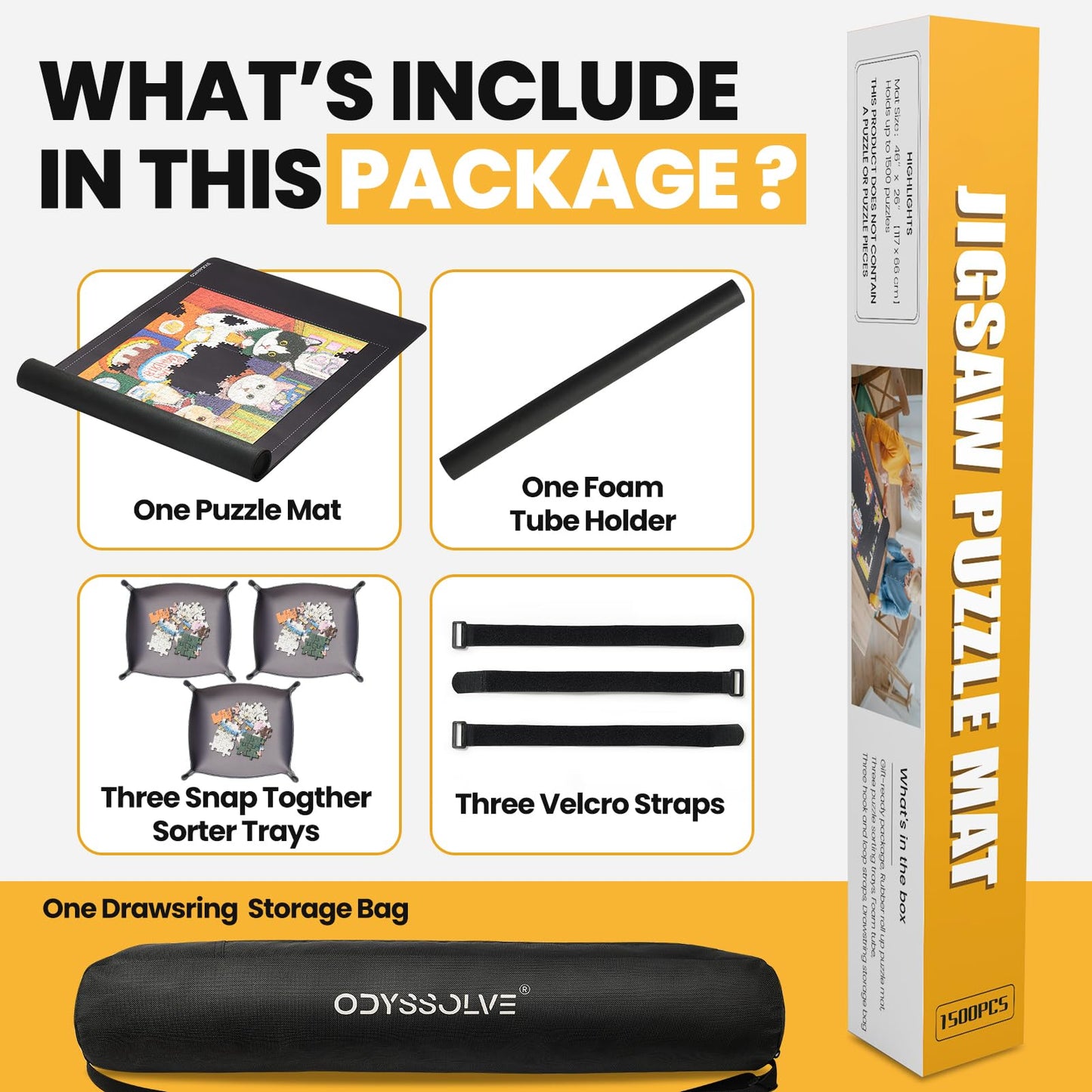 Odyssolve Jigsaw Puzzle Mat Roll Up, 1500 Pieces, 46" x 26", Black, Non-Slip Rubber Bottom with 3 Sorting Trays & Storage Bag