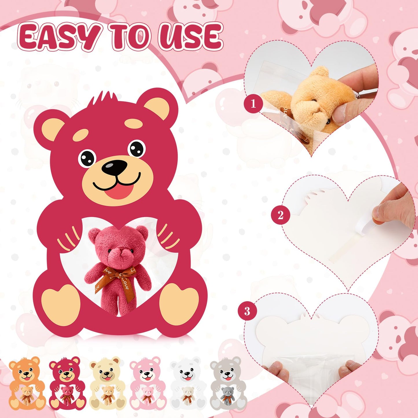 Hollowfly 54 Sets Valentines Day Cards with Bear Plush Toys Happy Valentines Day Cards Bulk Funny Valentine Gifts for Classroo