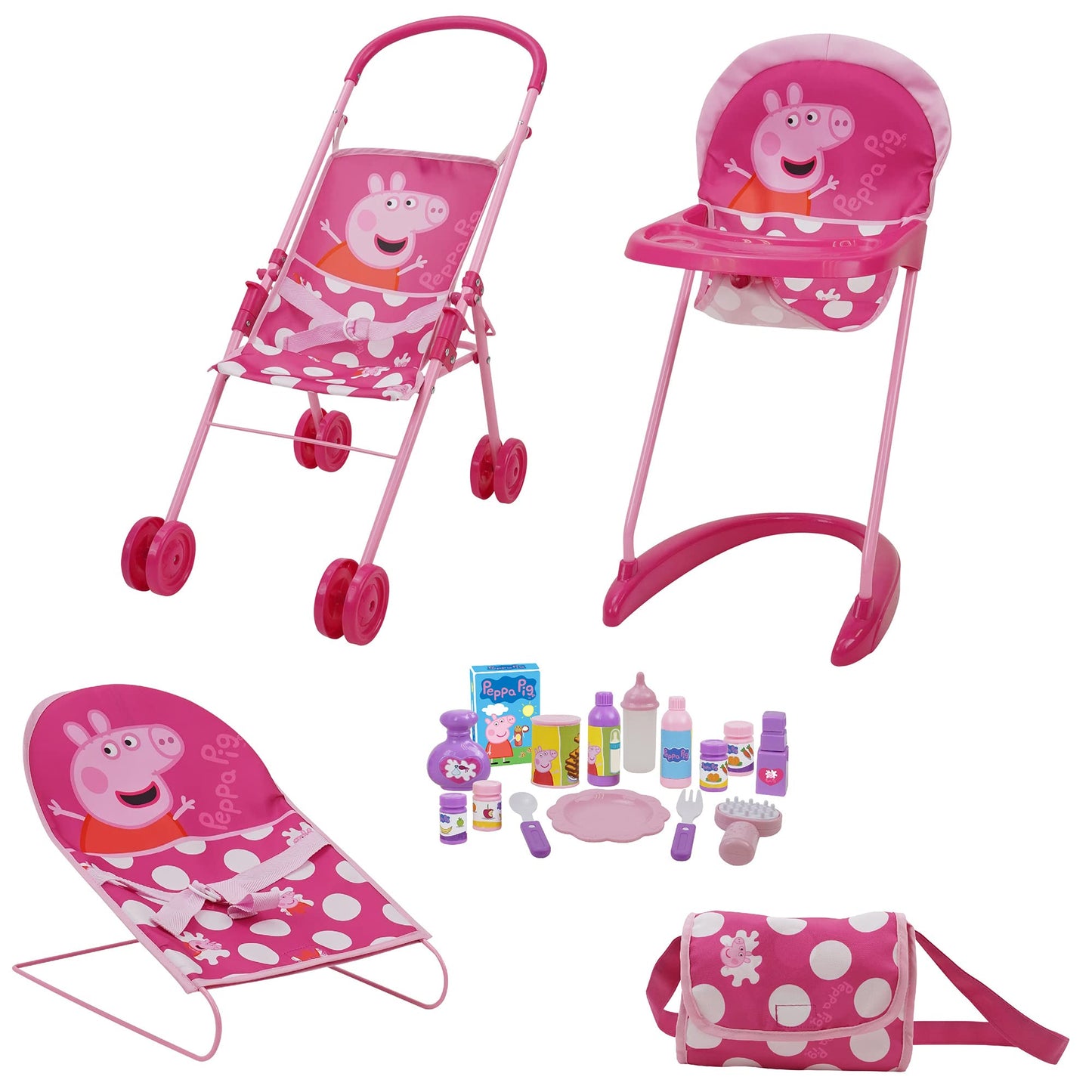 Peppa Pig: 19 Piece Doll Sleep N Play Set - Pink & White Dots Travel, Feed, Includes Half Folding Stroller, Bouncer, Highchair,