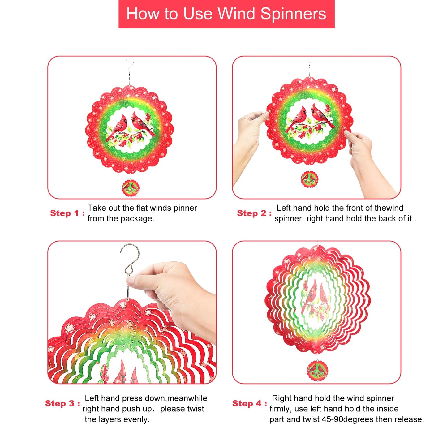 Cardinal Metal Wind Spinners, Cardinal Gifts For Women Mom Grandma Wife Men, 12 Inch 3D Stainless Steel Hanging Wind Spinner For