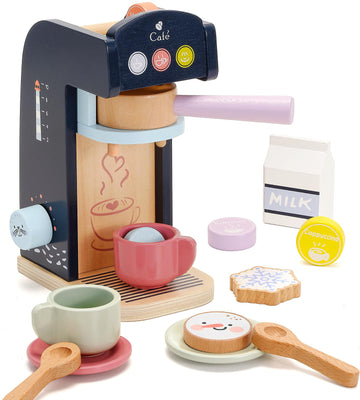 Pairpear Kids Coffee Maker Wooden Kitchen Playset, Wooden Toys Play Coffee Maker Set With Play Food For Kids, Toddler Play Kitch