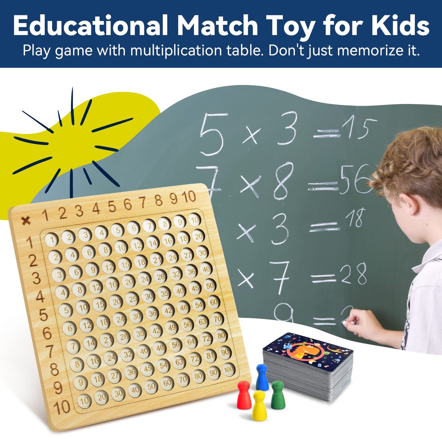 BAKAM Wooden Multiplication Board Game for Kids 8-12, Math Manipulatives with 100 Flash Cards, Medium Size, White and Black