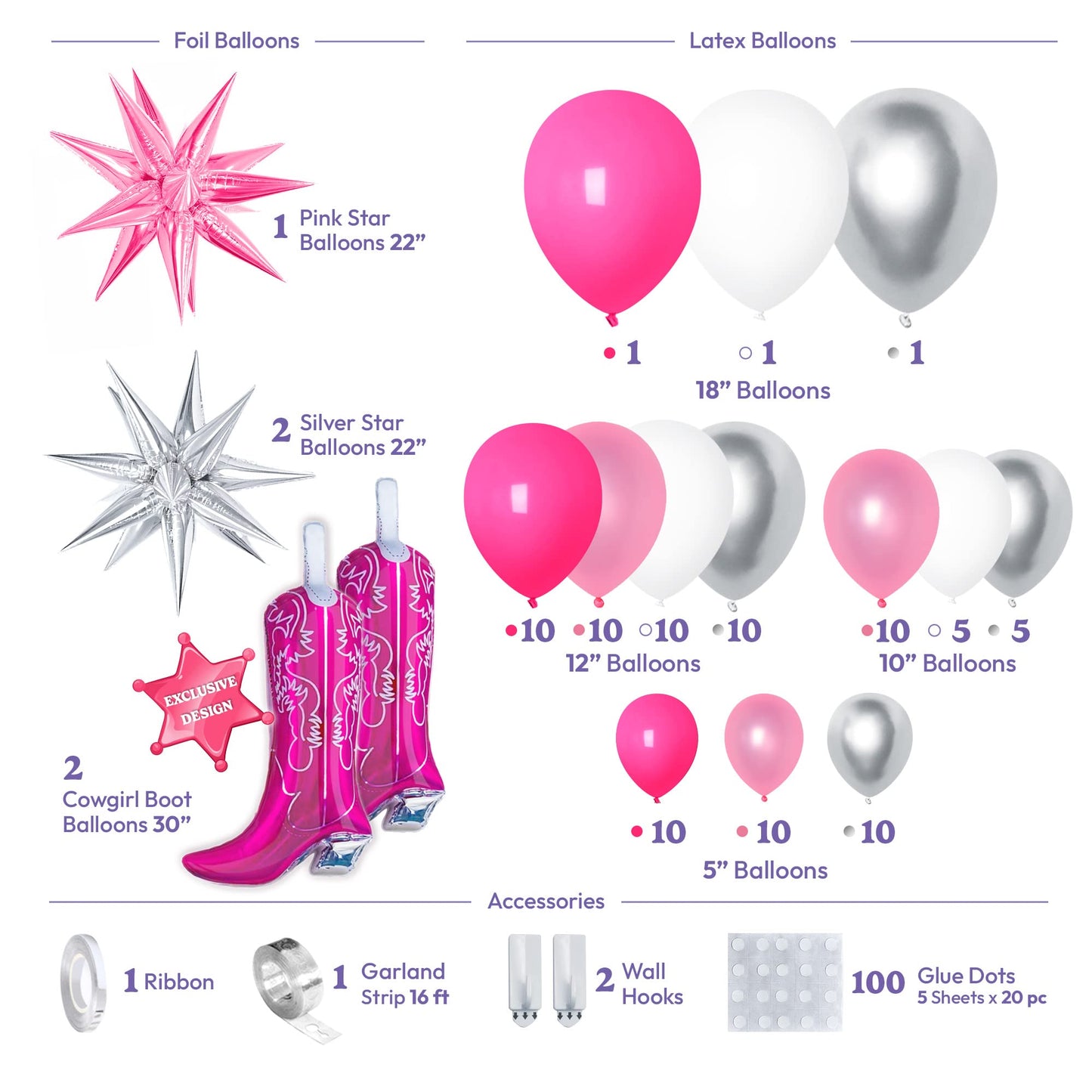 House Of Party Cowgirl Balloon Garland Kit | Hot Pink Pearl Pink Silver White Balloons With Spiky Star 18/12/10/5 Inch | Foil Ba