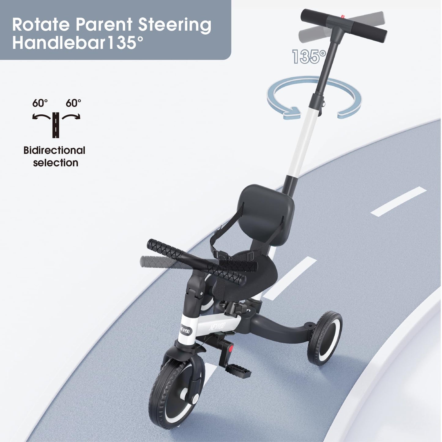 newyoo Toddler Bike - 4 in 1 Tricycle for 1-3 Year Olds, White, Carbon Steel, Model TR007, with Parent Handle & Removable Pedals