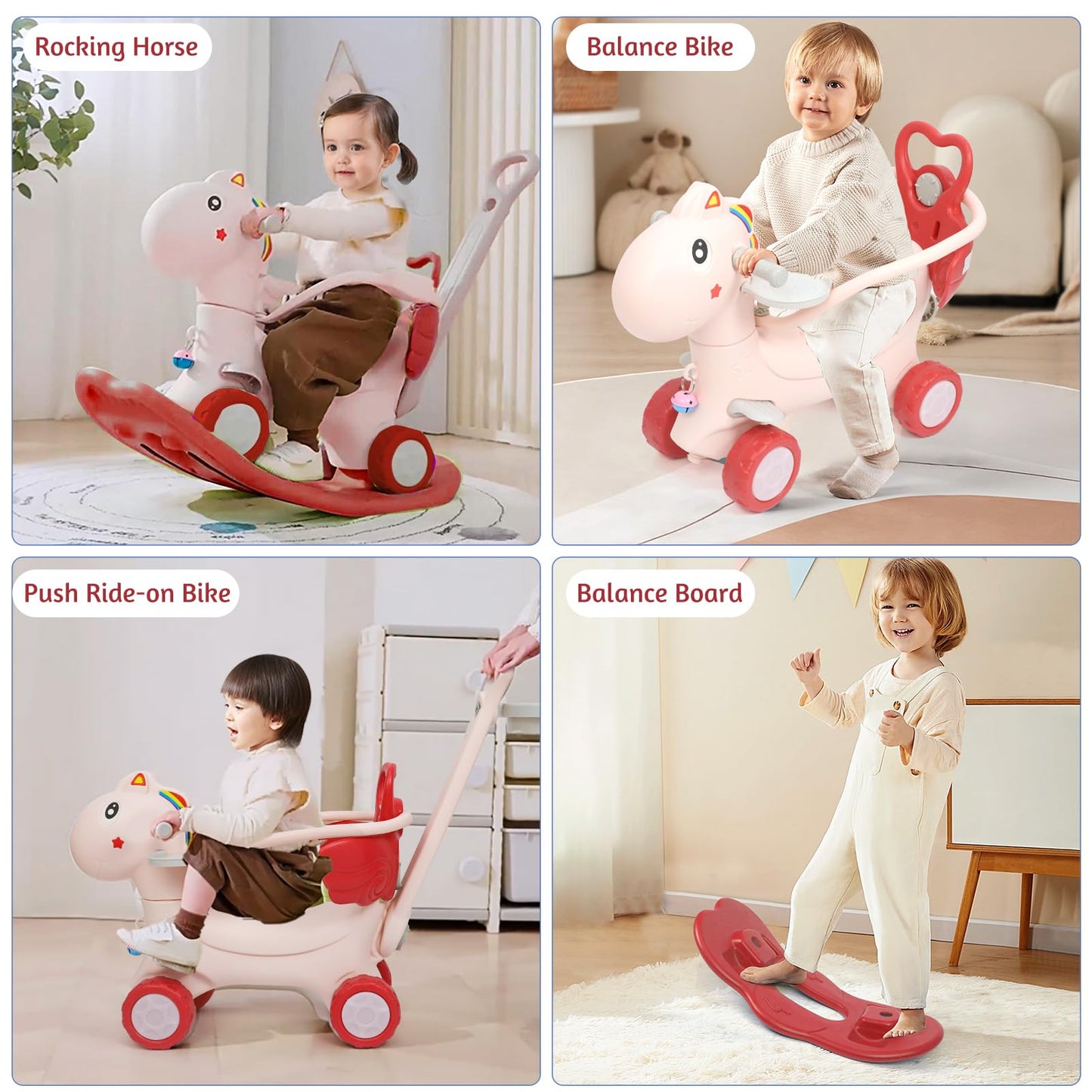 Ancaixin 4 in 1 Rocking Horse for Toddlers, Pink, 33"x13"x35", Plastic, Balance Bike with Push Handle and Backrest