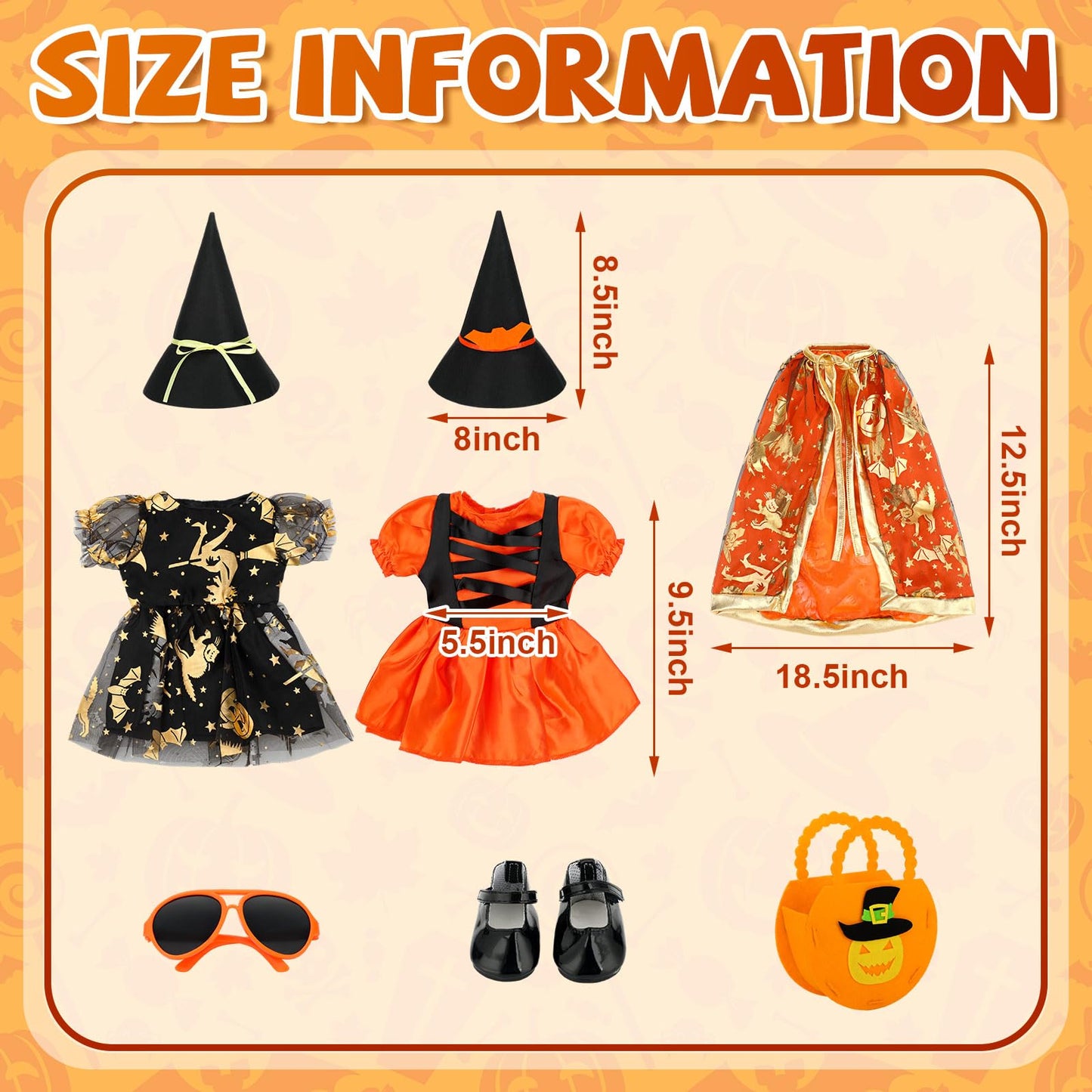 8 Pcs Halloween Doll Clothes and Accessories for 18 Inch  Pumpkin Halloween Doll Outfit  Dress  Shoes  Socks  Witch Hats  Bag Sets