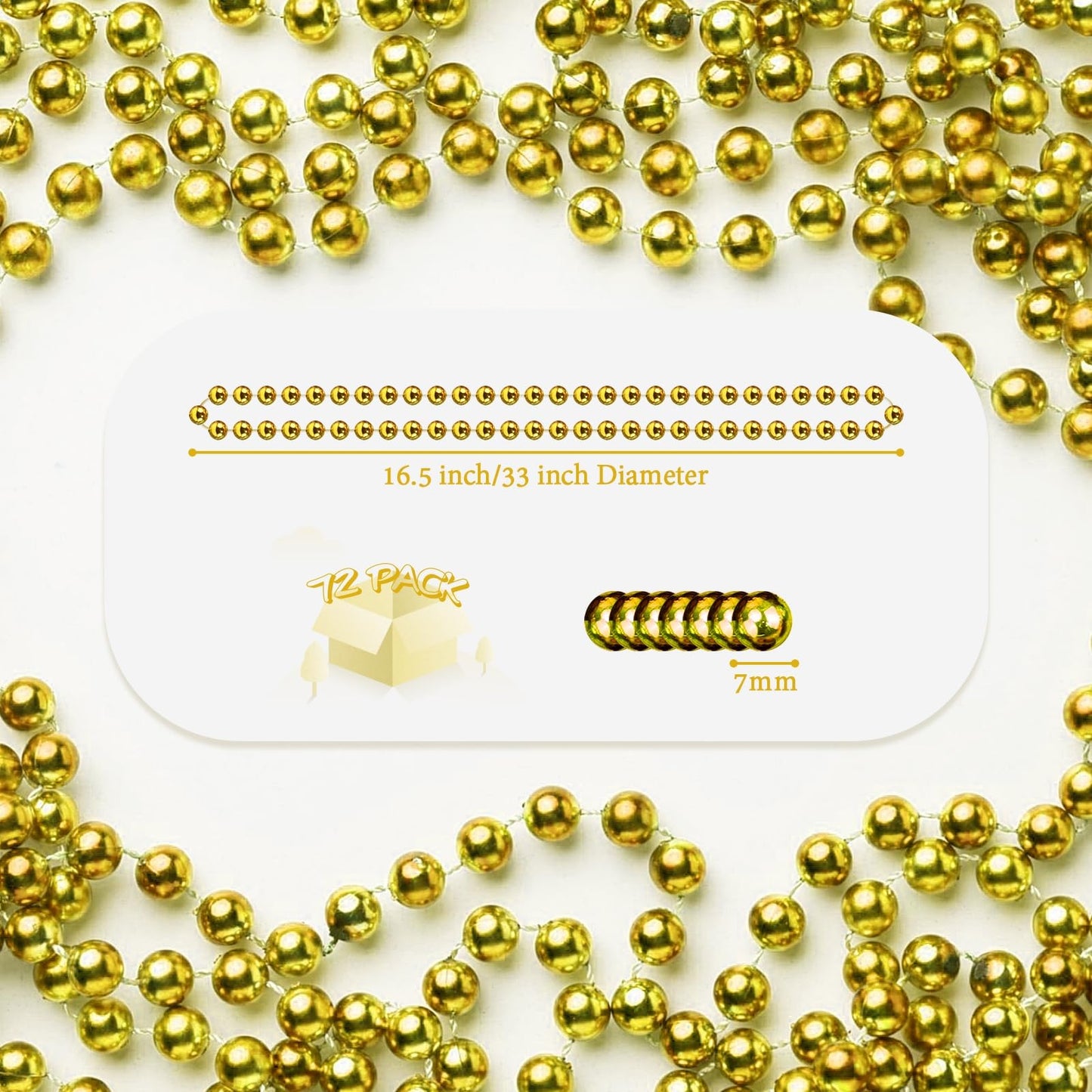 YAXINRUI 72 PCS Metallic Gold Bead Necklaces, 33 Inch 7 mm Mardi Gras Beads Bulk Round Beaded Necklaces Costume Necklace for Mar