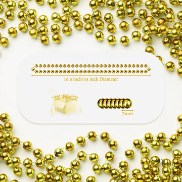 YAXINRUI 72 PCS Metallic Gold Bead Necklaces, 33 Inch 7 mm Mardi Gras Beads Bulk Round Beaded Necklaces Costume Necklace for Mar
