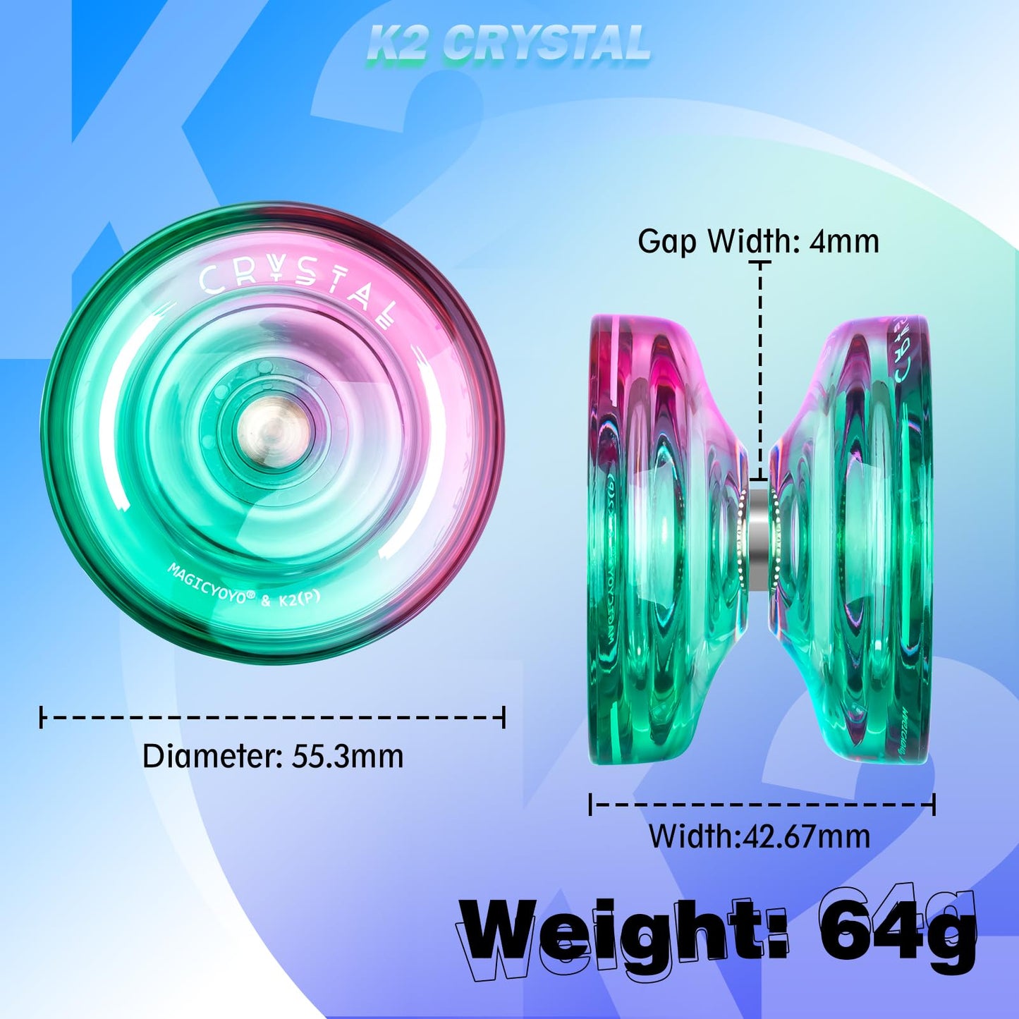 K2 Crystal Yoyo Professional Responsive Yoyo For Kids Beginners, Dual Purpose Yo-Yo With Unresponsive Yoyo Bearing For Adults + Extra 12 Yoyo Strings + Yo Yo Case + Bearing Kit(Green Pink Gradient)