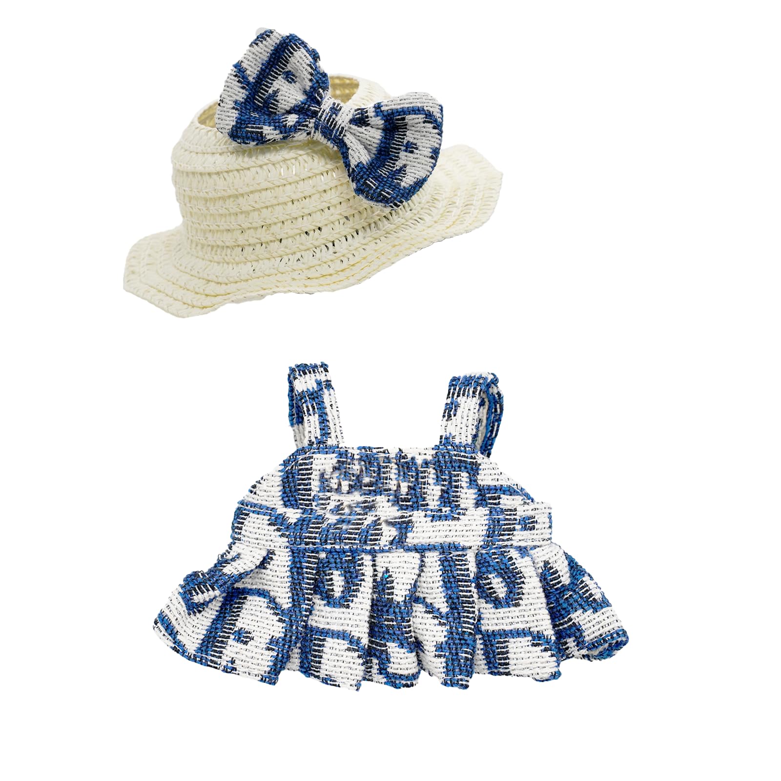 Doll Clothes for 17cm Dolls  enhanced Handmade Fashion Clothes 3 Piece Set Including a Weaving Hat  Clothes and Bow with High-End Dolls Accessories for Play & Display - Pure Blue (No Doll No Logo)