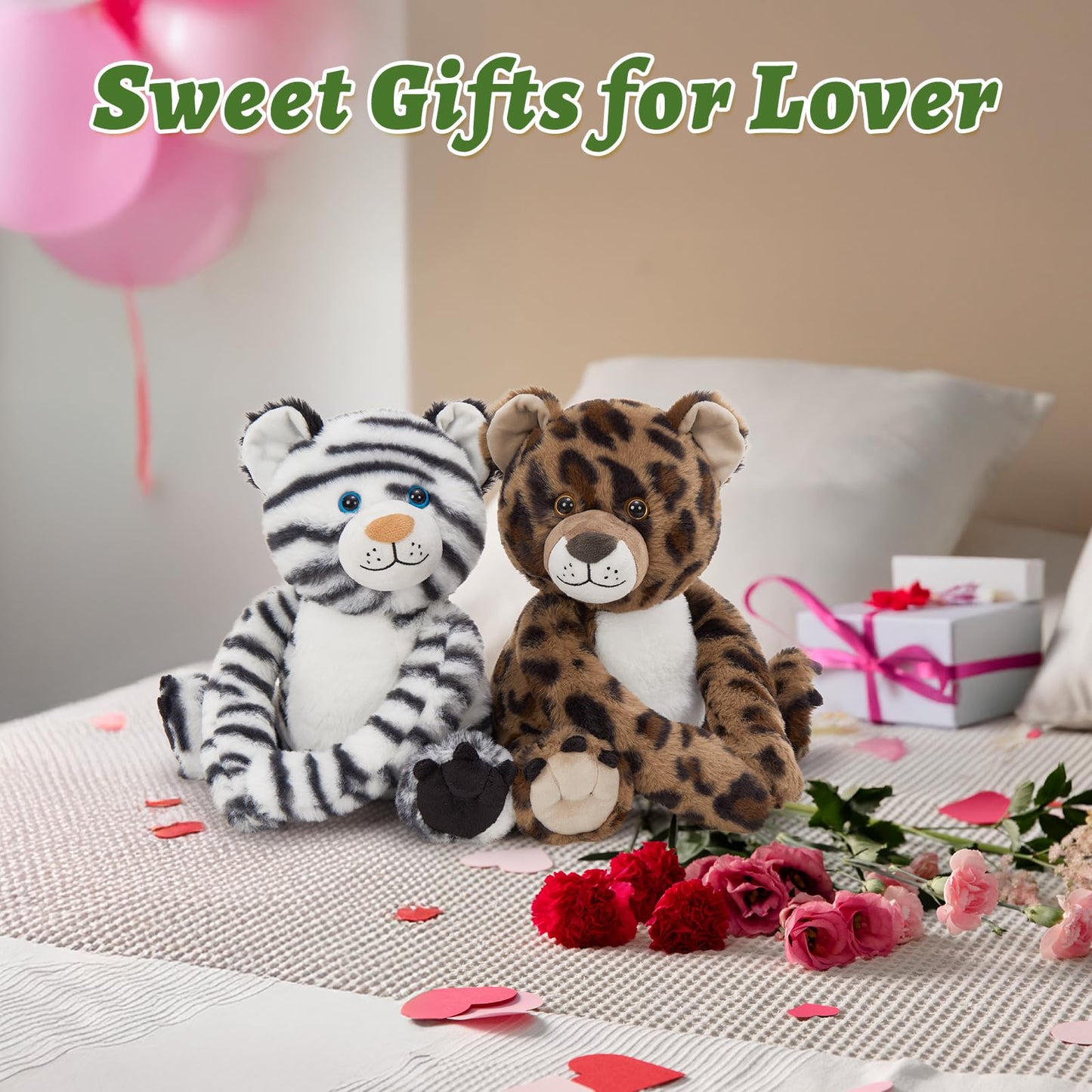 MorisMos White Tiger & Cheetah Plush Duo - Freezable, Microwavable, 12" - Multicolored Stuffed Animal Gift for Kids