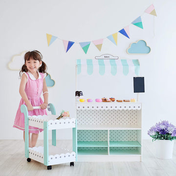 Teamson Kids My Dream Bakery Shop Dessert Stand And Rolling Pastry Cart Interactive Wooden Play Set With 18 Pretend Baked Goods,