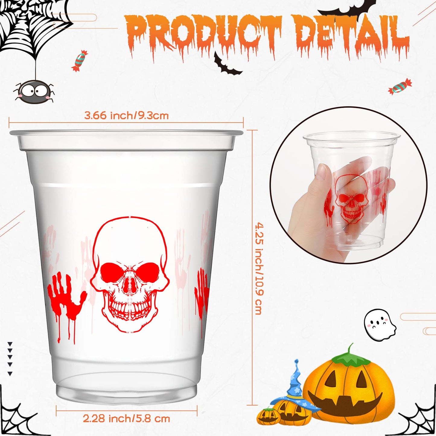 CHENGU 12 Oz Halloween Plastic Party Cups Halloween Clear Disposable Cups Skinny Skull Bloody Hand Halloween Cups for Drinks Jui