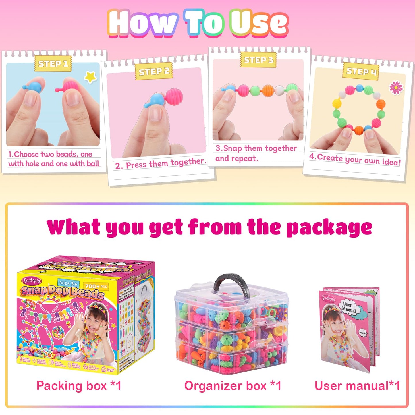 Funtopia Pop Beads, 700+ Pcs Arts and Crafts for Kids 4-6, Snap Beads DIY Bracelet Necklace Ring Anklet Set, Birthday Party Crea