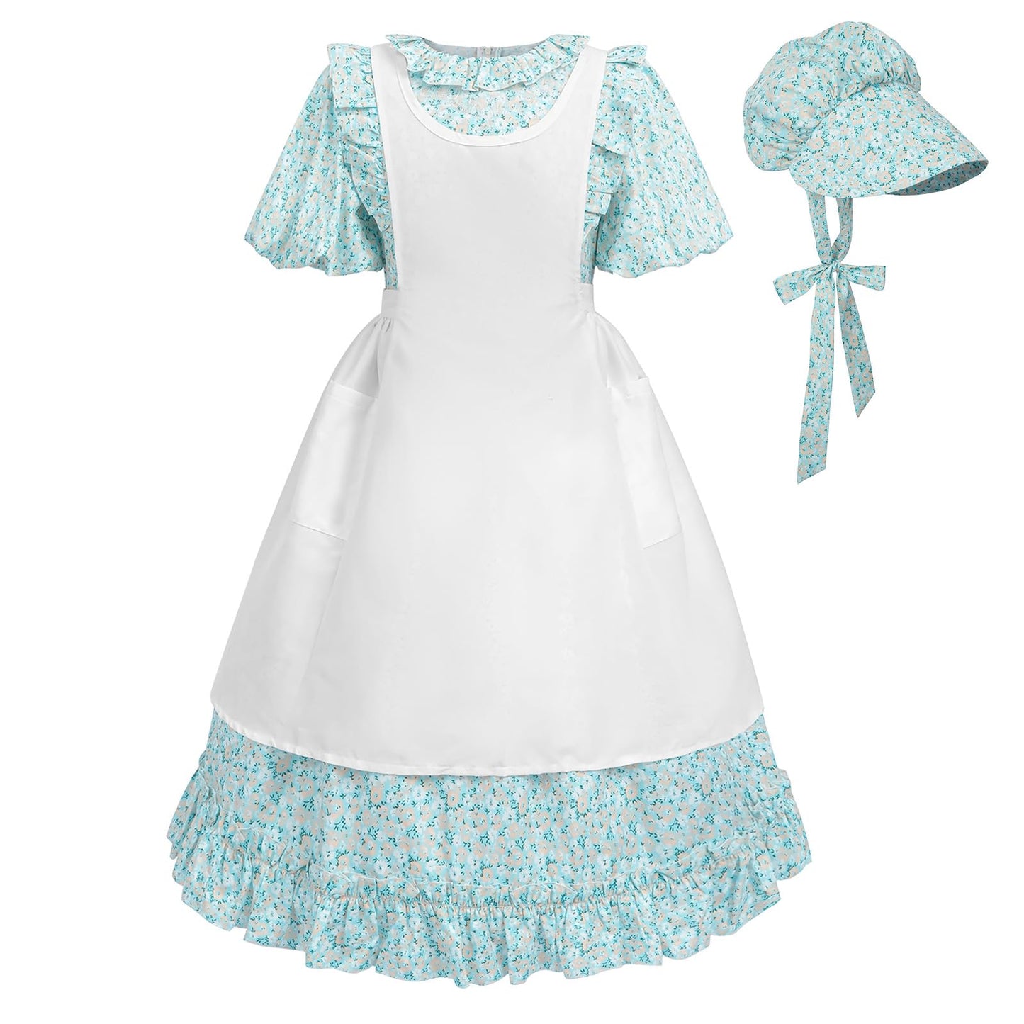 Ltakk Pioneer Dress Girls Colonial Costume Prairie Pilgrim Girl Dresses With Pinafore, Egg Blue, Medium, Age Over 4 Years Old