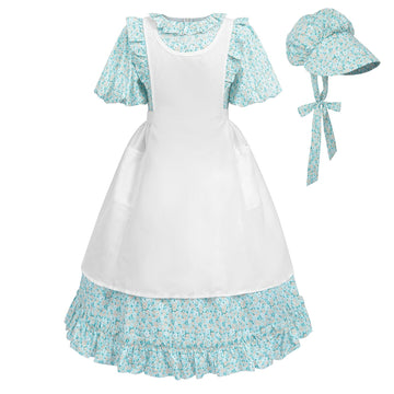 Ltakk Pioneer Dress Girls Colonial Costume Prairie Pilgrim Girl Dresses With Pinafore, Egg Blue, Medium, Age Over 4 Years Old