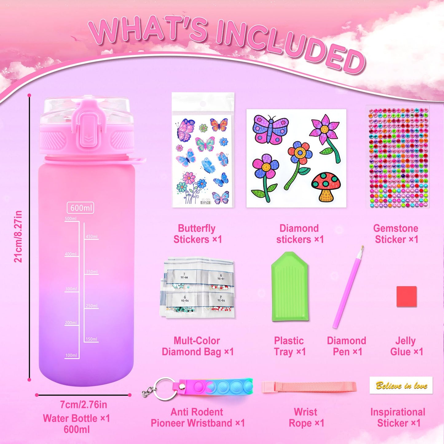 ASIOWELY Decorate Your Own Water Bottle Kits for Girls Age 4-12, Butterfly Flower Diamond Painting Art and Crafts Gift for Boys