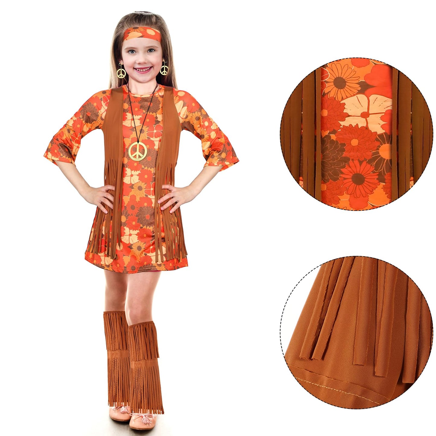 Haysandy Kids Hippie Costume Set 60S 70S Hippie Dress Peace Sign Party Accessories For Carnival Halloween Cosplay Party(Stylish Style,L)