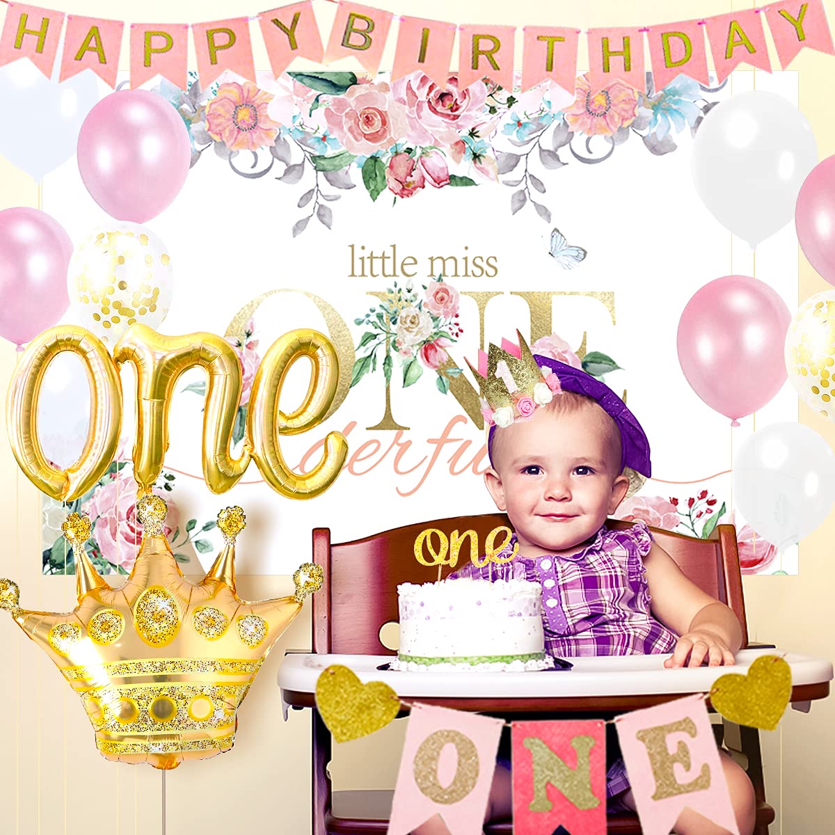 Pycalow First Birthday Decorations Girl - 1St Birthday Baby Girl Decorations Include Balloons Box, Backdrop, Crown, Banner, High