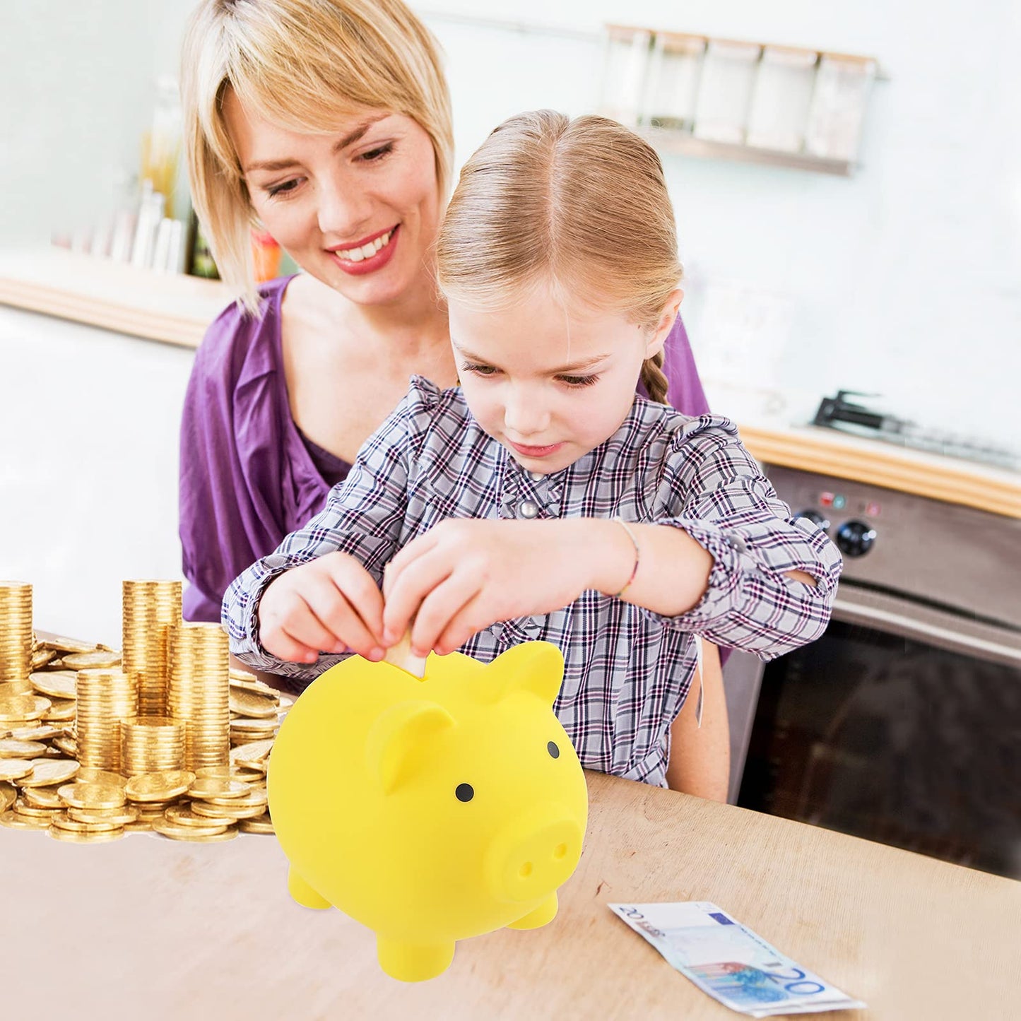 GADIEDIE Large Piggy Bank  Unbreakable Plastic Money Bank  Coin Bank for Girls and Boys  Cute Pig Coin Bank Practical Gifts for Birthday  Festival  Baby Shower (Yellow)