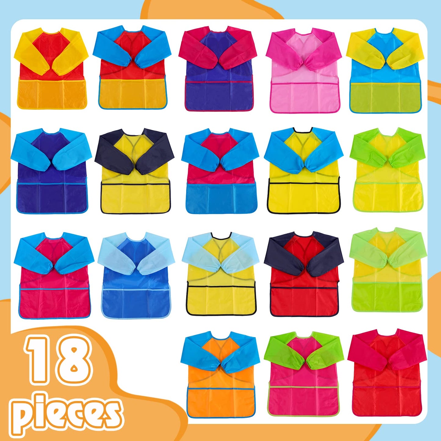 Zkptops Kids Art Smocks 18 Pack Waterproof Long Sleeve Aprons for Ages 3-7, Medium, Polyester