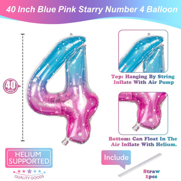 Purple Teal Number 4 Balloons, 40 In Large Mermaid Starry Number 4 Mylar Foil Helium Balloons For Girls, Self Inflating Rainbow