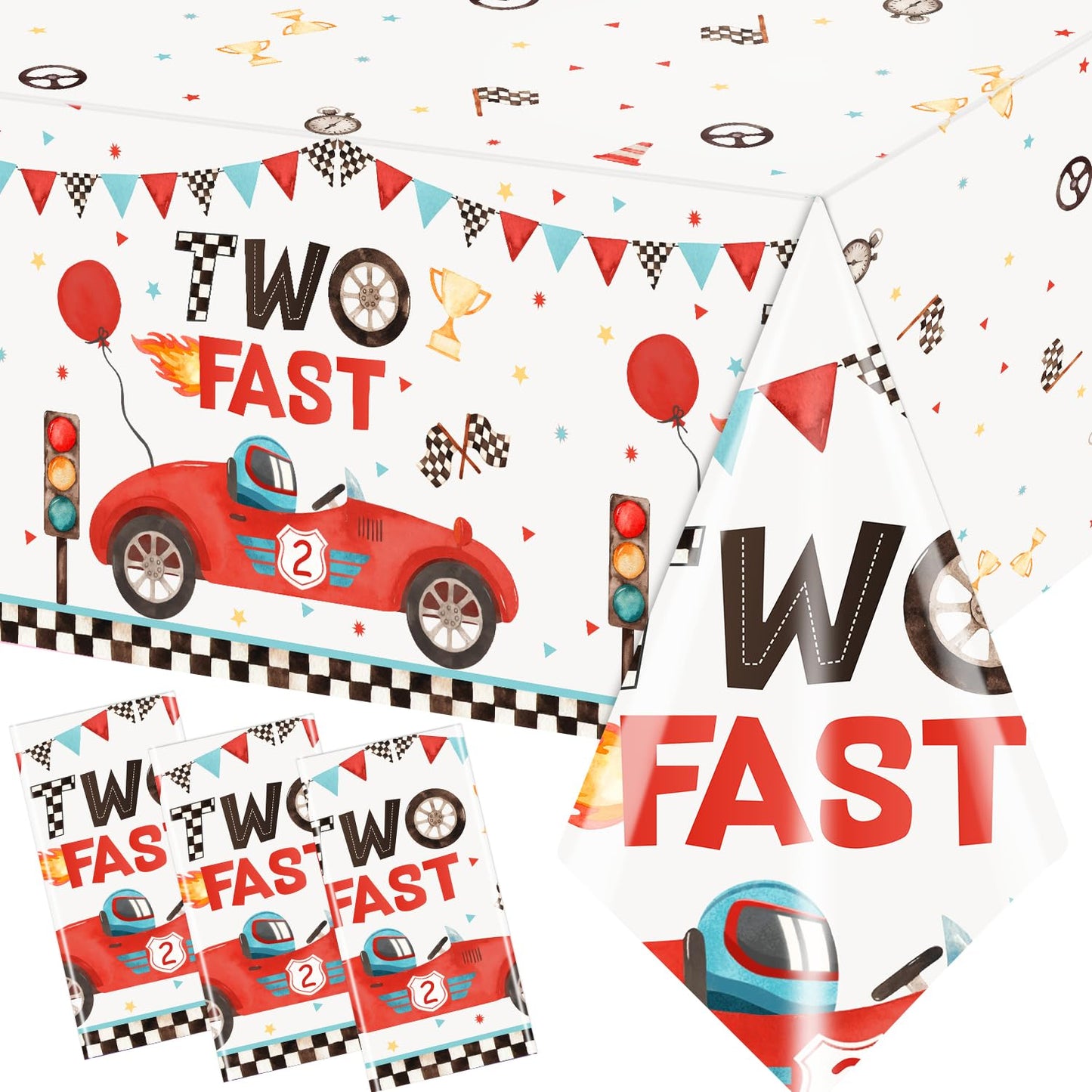 Race Car Two Fast Birthday Tablecloth, 3Pcs Race Car 2nd Birthday Party Supplies Plastic Rectangular Racing Car Table Cover for 