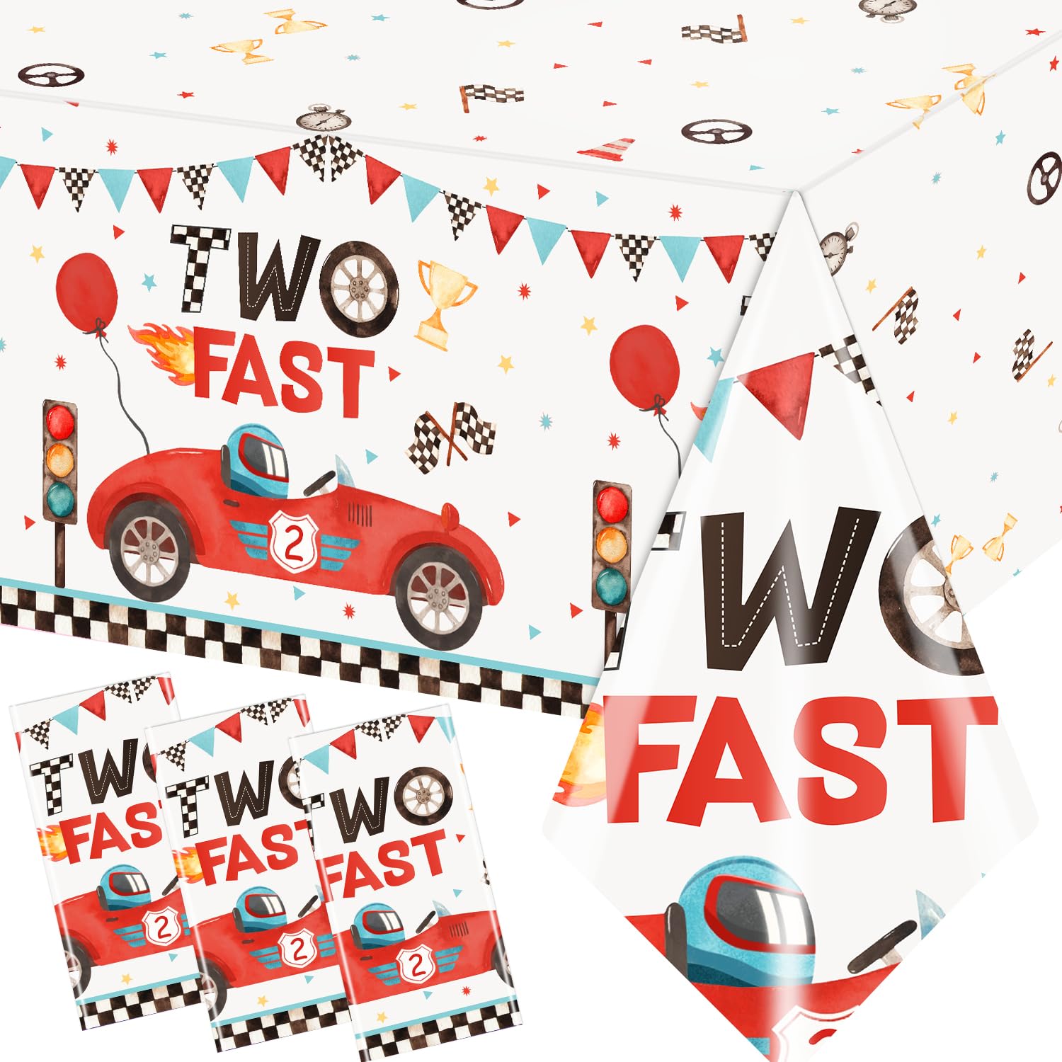 Race Car Two Fast Birthday Tablecloth, 3Pcs Race Car 2nd Birthday Party Supplies Plastic Rectangular Racing Car Table Cover for 