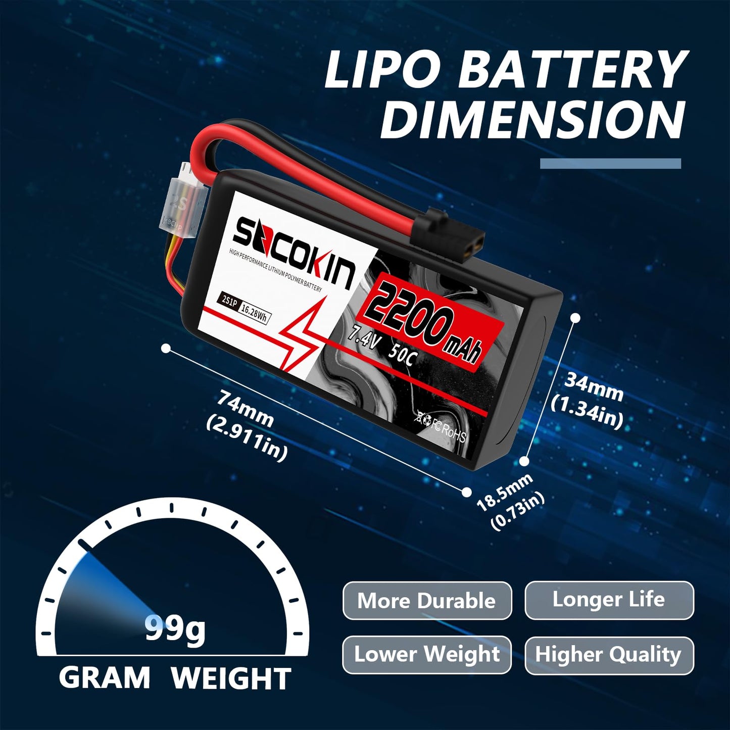 Socokin 2S Lipo Battery 7.4V 50C 2200mAh with TR Connector (2 Pack) for RC Car, Truck, Boat, Drone, Quadcopter