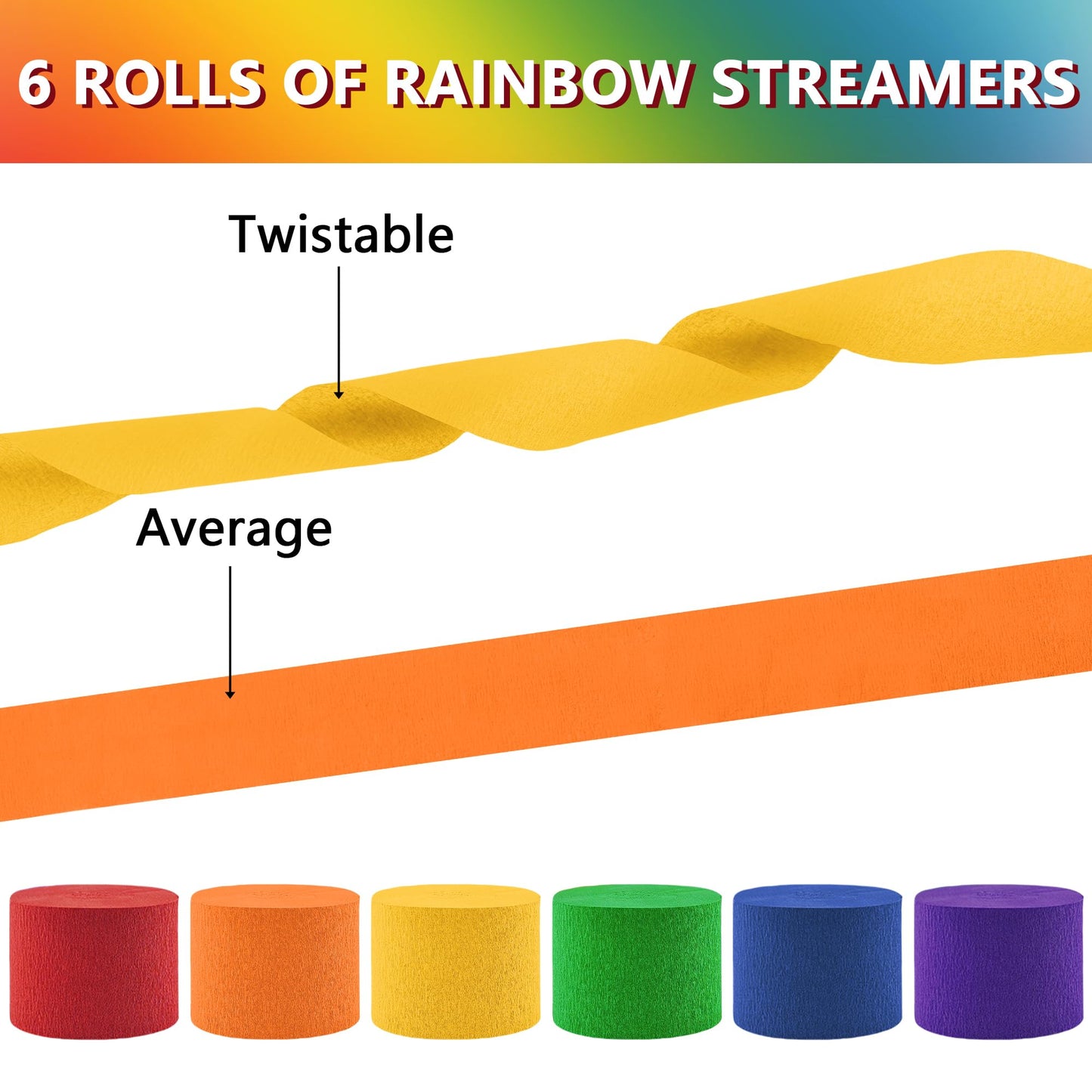 Oun Nana Crepe Paper Streamers 6 Rolls Rainbow Streamers 2.2 Inches 738 Feet, Streamers Party Supplies for Birthday, Wedding, Ba