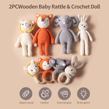 2Pc Wooden Baby Bunny Rattle & Crochet Doll Plush Stuffed Rabbit Animals Toy For Newborn Baby | 100% Handmade Infant Soothe Toys