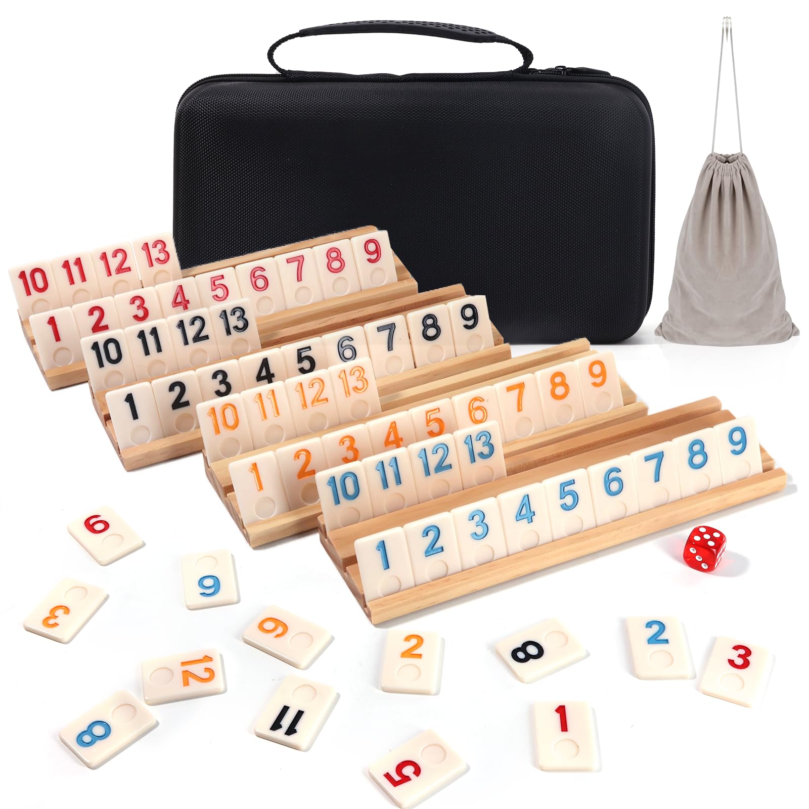 Elanbells Upgraded 2-4 Players Rummy Cube Board Game Set with 4 Wooden Racks  106 Tiles  Portable Case  Drawstring Bag and Dice  for mature-themeds Friends Night Gifts Travel Party Sharpens Brain