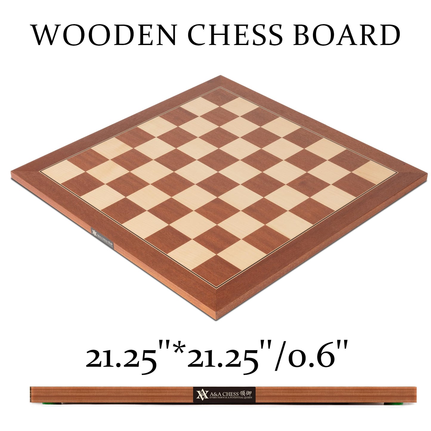 A&A 21.25' Professional Wooden Tournament Chess Board/Mahogany & Maple Inlaid / 2.25' Squares W/O Notation