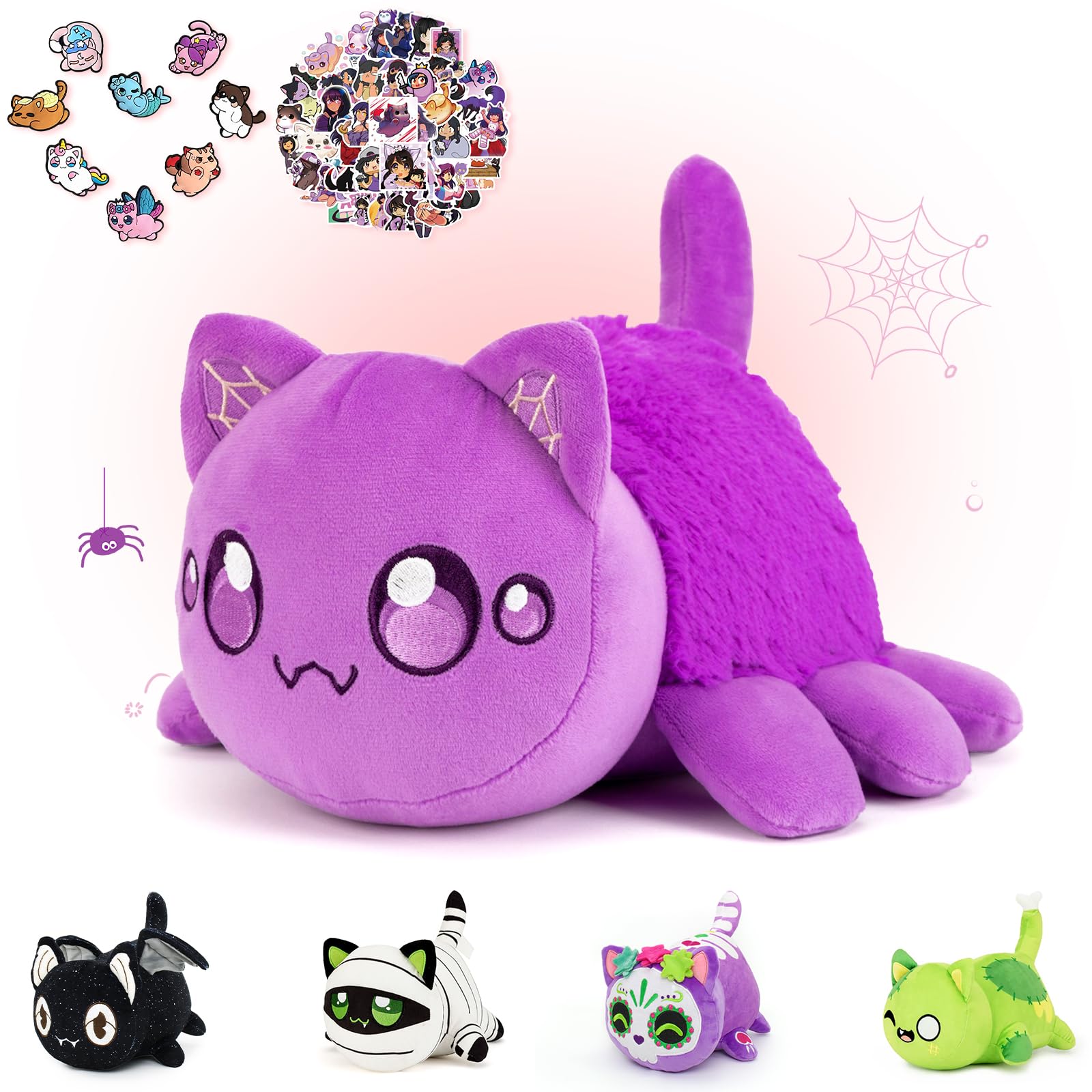 Kowsi 69-Pcs ? Spider Cat Plush + 60-Sticker + 8-Pcs Shoe Charms - Ghost Cat Collection - 100% Embroidered Plushie - Cat Stuffed Animal Collectible (Spider Cat)