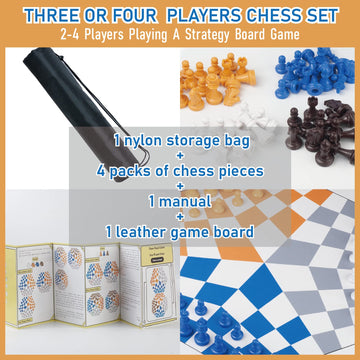 Three Or Four Players Chess Set:A Leather Game Mat + 4 Packs Of Pieces (64 Pieces) + 1 Game Manual + A Drawstring Storage Bag. A Strategy Chess Game For 2-4 Players