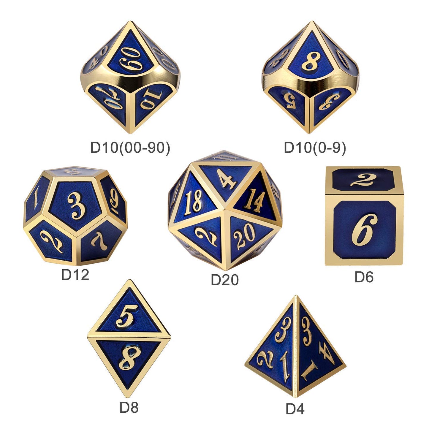 Set of 7 Metal Dice Set with Storage Box - Royal Blue with Gold Numbers - Includes D4, D6, D8, D10, D12, D20 and D% by SciencePu