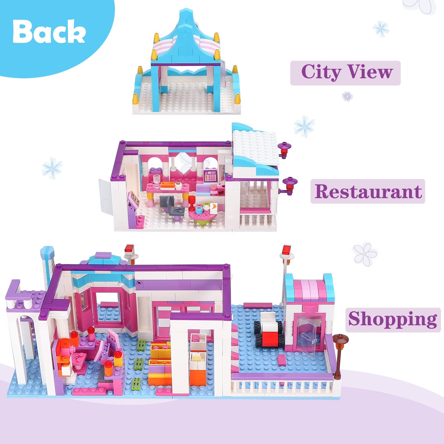 Brick Story Dream Girls Friends Shopping Mall Building Set 808 Pieces, With Supermarket And Restaurant Building Playset, 4 Mini Toy Figures, Girls Friends House Building Toys For Kids Age 6-12 8-14