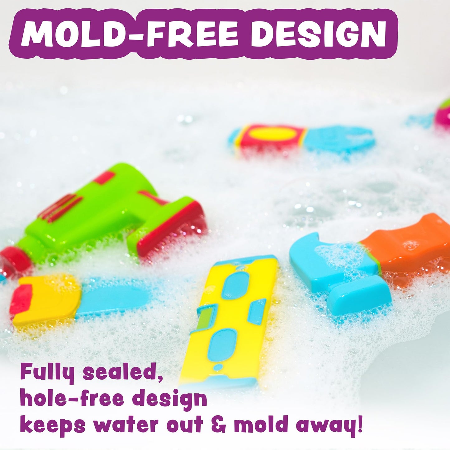 Tub Works Tools Mold Free Bath Toys, 6 Pack | Sealed, No Hole Bath Toys Design Keeps Moisture Out | Soft, Squeezable & Float On