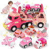 usrela Toddler Girl Truck Toys - 7-in-1 Pink Princess Car Transport Carrier, Friction Power, 13.07"x4.37"x6.46", Ideal for 2-