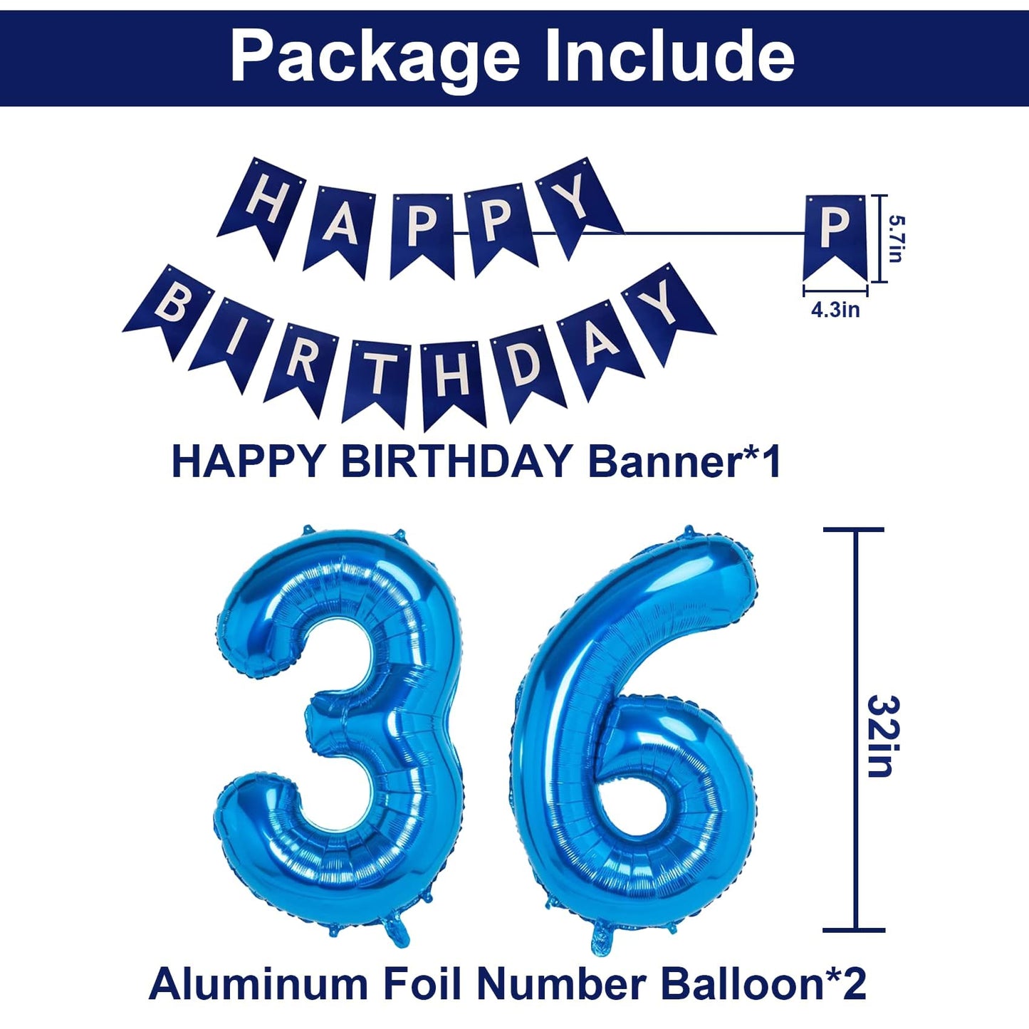 Naninuneno 36Th Blue Birthday Party Decorations For Boy Girl Men Women, Happy 36 Birthday Balloons Supplies With Happy Birthday